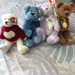 TY Beanie Babies, Lot Of 4 Bears With Tags - Azure, Nicholas, Bandage, Cassia