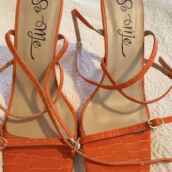 So Me Orange Croc-Embossed Strappy Heeled Sandals
