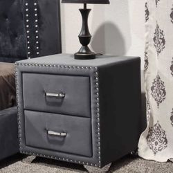 GREY velvet NIGHTSTAND - 2 Drawers - Grey & Silver ✅🩶