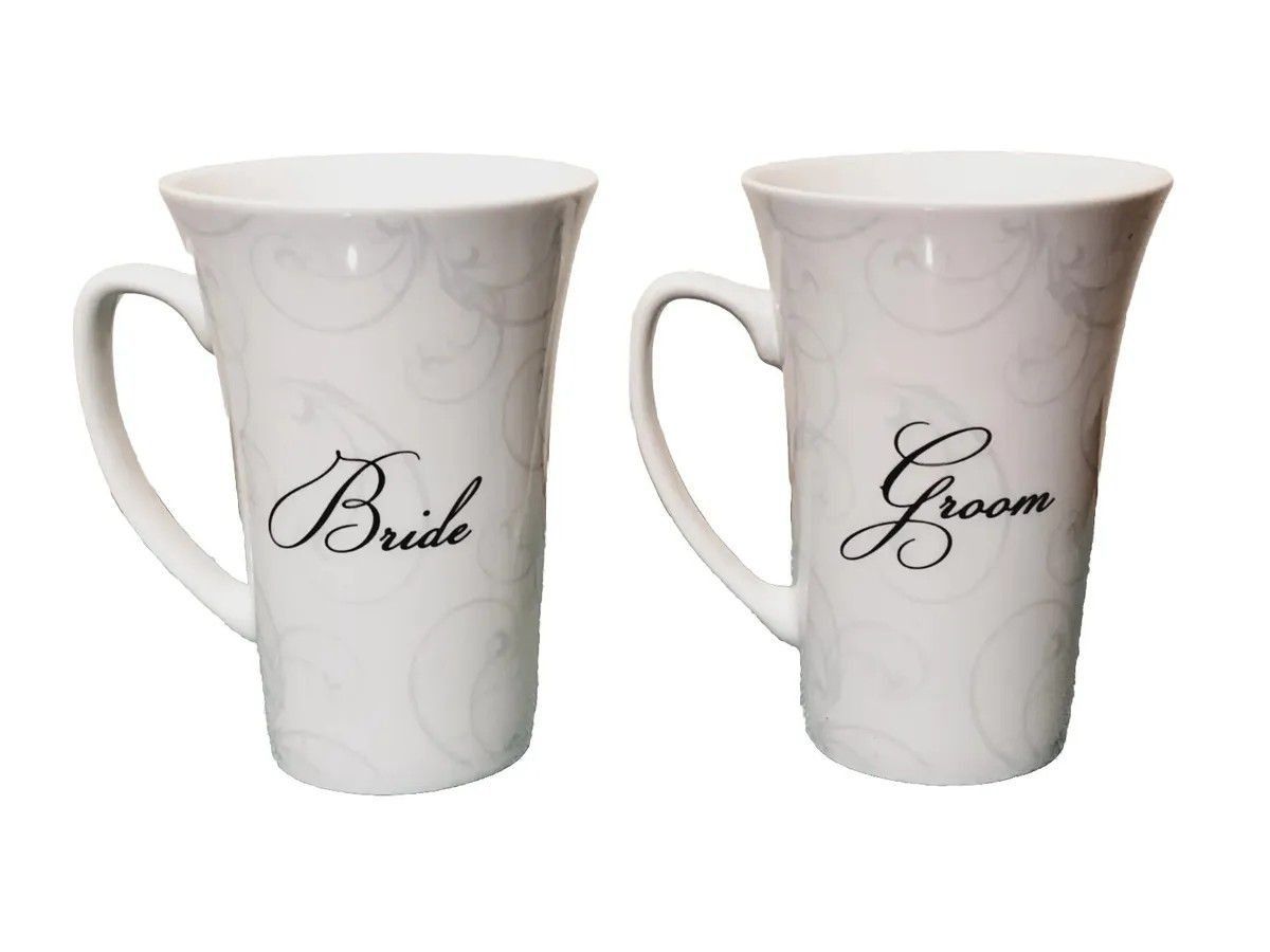 Gibson Bride Groom 6 Inch Latte Mugs White Grey Swirl Love Text Is A Cord Unbroken