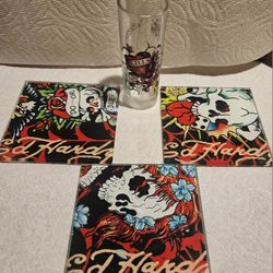 ED HARDY LOT OF 3 COLORFULL GLASS TABLE COASTERS  & A SHOT GLASS 