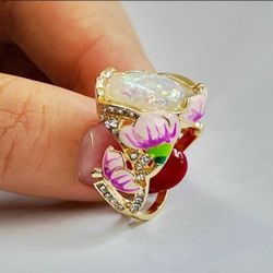  Fashion Flower Sparkling Ring 18K Yellow Gold Filled Opal Over Diamond Floral For Women Size 8.5 
