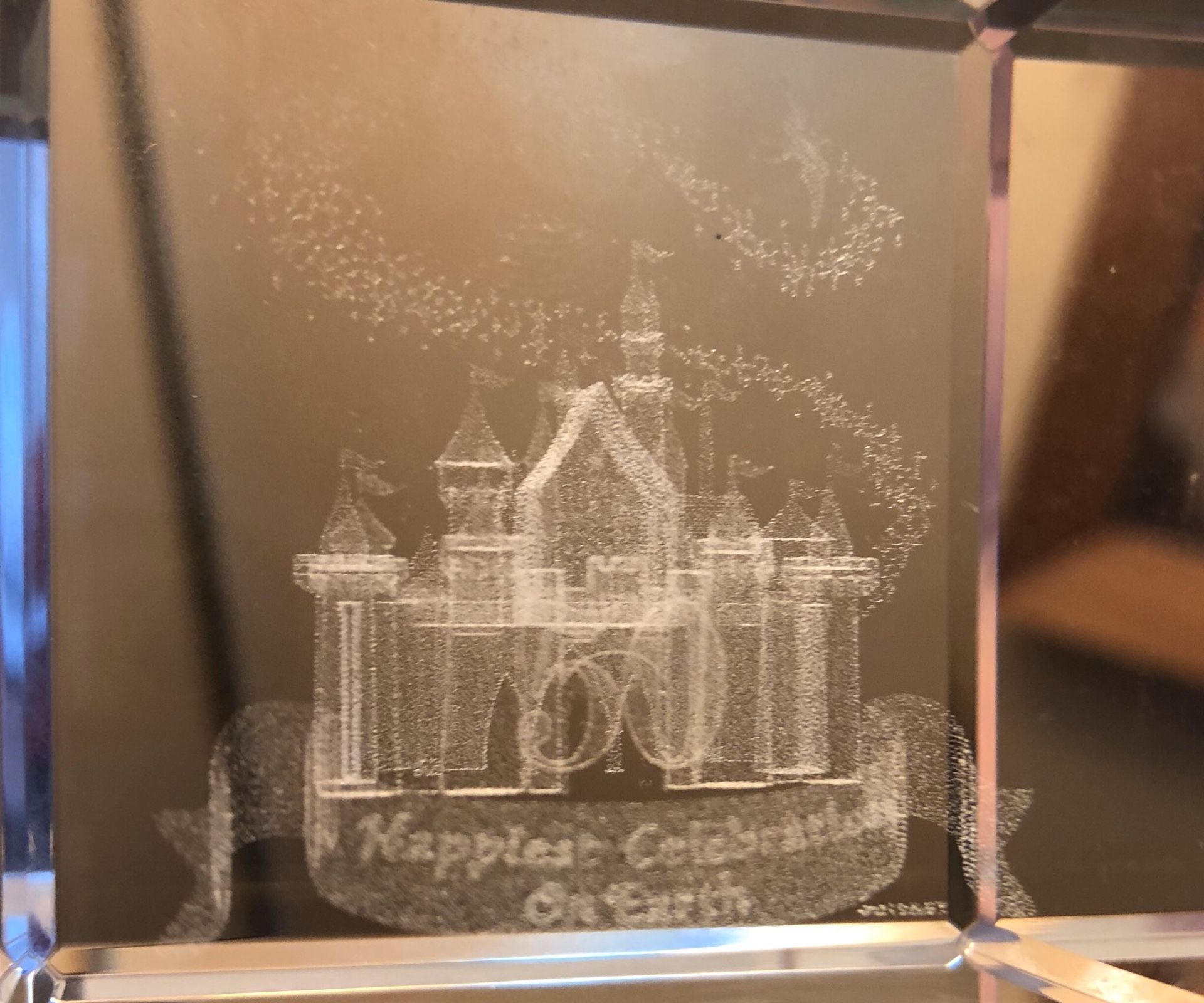 Disney Collectors 50th Celebration Magic Kingdom Etched Crystal Cube