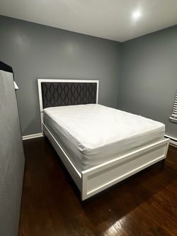White Bed Frame with Upholstered Headboard