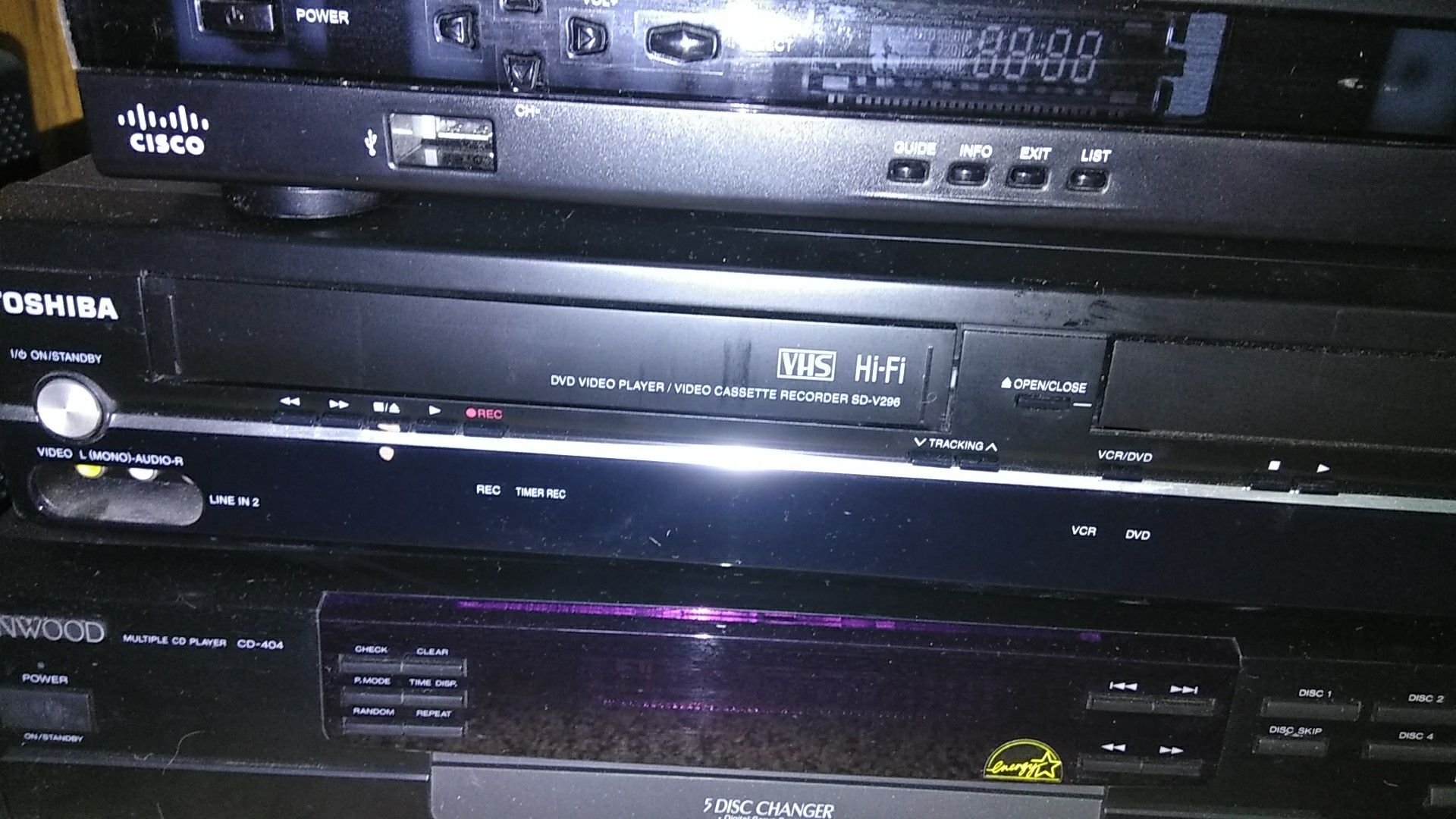 Kenwood 5 disc changer, Toshiba VHS/DVD, Cisco additional channels