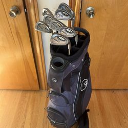 Complete set of Ping i/3 Irons plus 3 wood in a  14 compartment cart bag