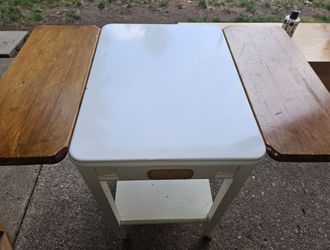 Vintage White Enamel Top Kitchen Cart on Casters