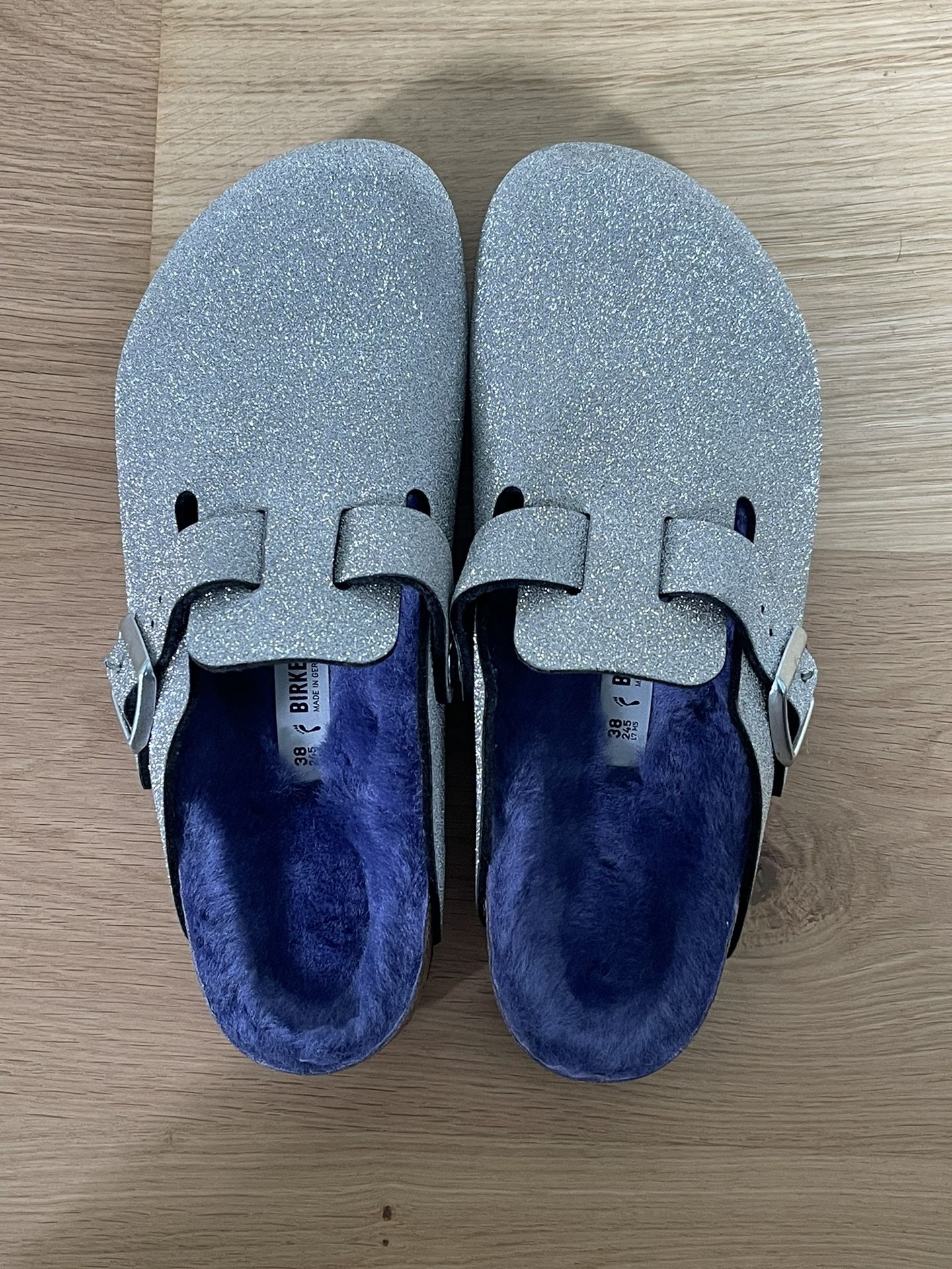 Birkenstock Boston Silver Glitter Dust Purple Shearling Clogs EU 38 Women 7-7.5