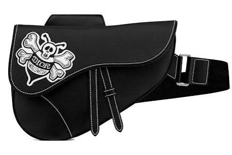 
Christian Dior And Shawn Stussy Black Leather Bee Patch Saddle Bag