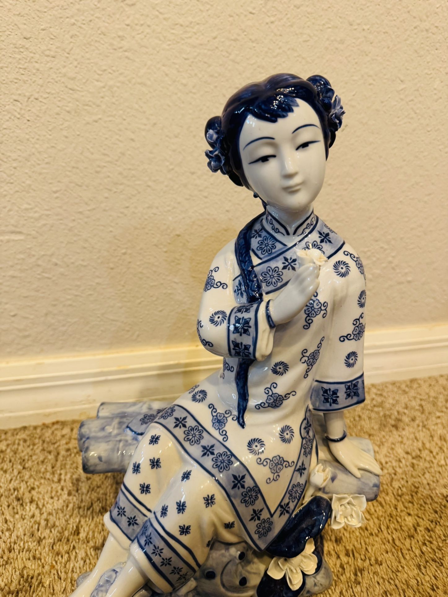 Vintage Large Ceramic Asian Girl Sitting On A Bench 