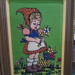 Vintage Framed Needlepoint Goebel Hummel Boy Girl Beautiful! Completed 24" X 17"