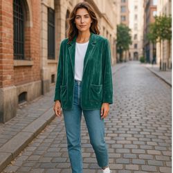 Talbots Vintage Bluegreen Velour Look Open Blazer Cardigan w Pockets Women Large