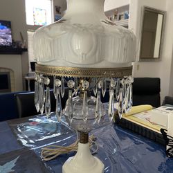ANTIQUE MILK GLASS & CRYSTAL LAMP 