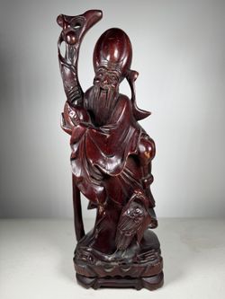 Antique Chinese Wooden Carving Of God Of Longevity 12”