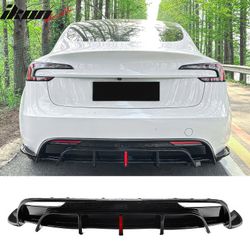 Fits 2024-2026 Tesla Model 3 5PCS Rear Bumper Lip Diffuser W/LED Light Lower Valance Exterior Auto Parts Painted Gloss Black PP Polypropylene