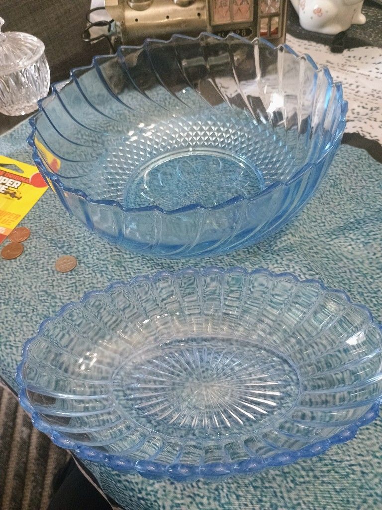 A Lot Of Two (2) Vintage KIA Indonesia Blue Glass Round Dish & Oval Dish