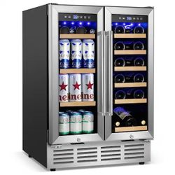 24 in. Dual Zone 18-Wine Bottles and 88-Cans Beverage and Wine Cooler in Stainless Steel with Adjustable Feet, Frostless