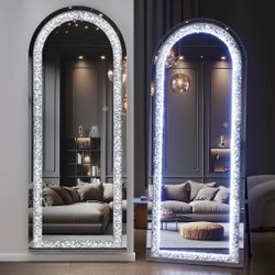 Hasipu 71"×24" LED Full-Length Mirror Arch Design With Crystal Crush Diamond, Wall Mounted Diamond Mirror Leaning For Living Room Bedroom Dimming & 3 