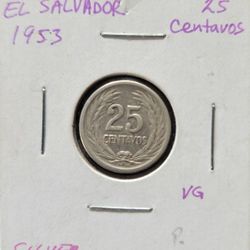 1953 El Salvador 25 Centavos Coin