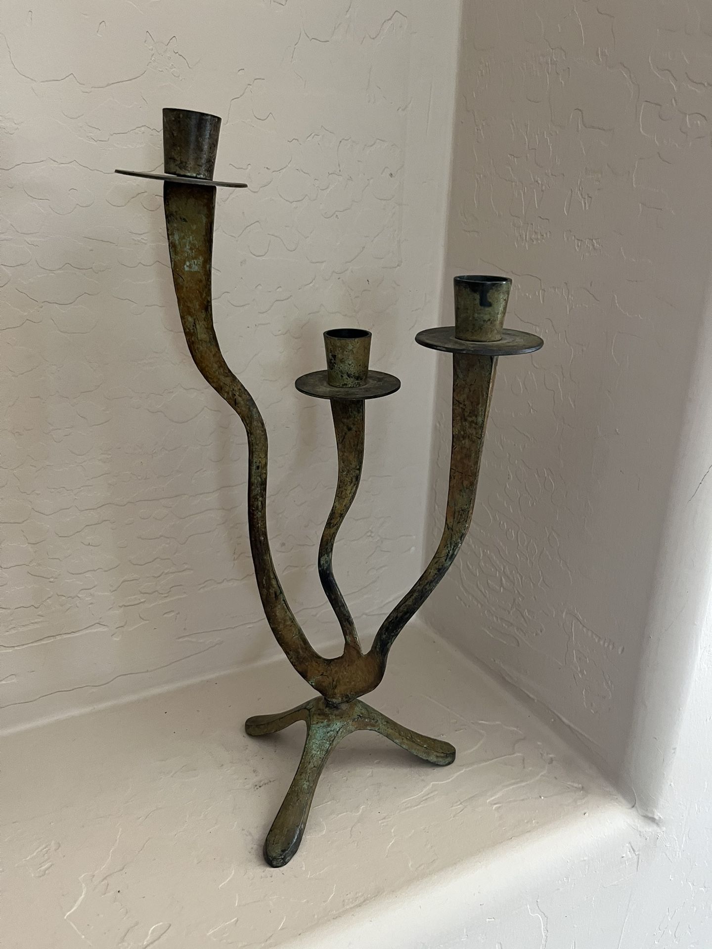 Vintage MCM Brutalist Brass Wavy  3 Arm  Candle Holder