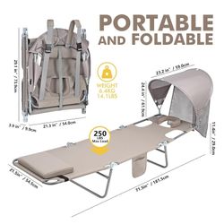 Backpack Beach Tanning Chair with Canopy & Face Hole – 6-Position Folding Sun Lounge, UPF 50+, Beige, Brand New