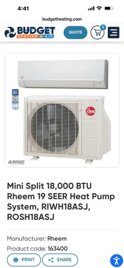 18000 BTU 19 seer Ductless Mini split AC
