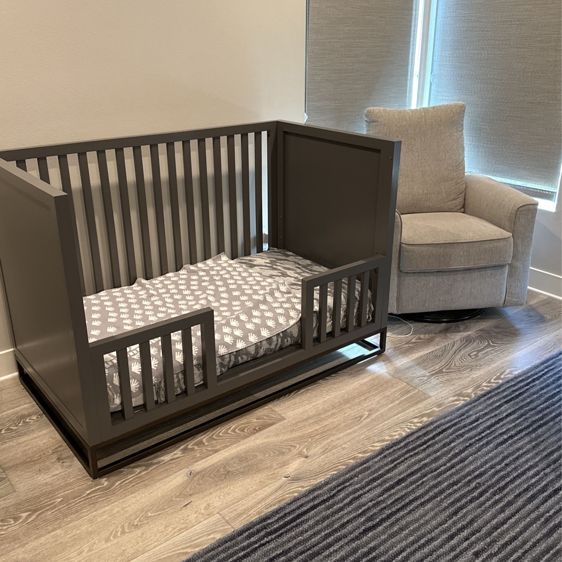 RH Avalon Panel Crib & Toddler Bed Kit, Crib Mattress, Non-RH Book Case, And Rocking Chair