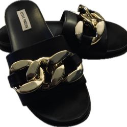 Steve Madden Black Sandals with Gold Chain Accent