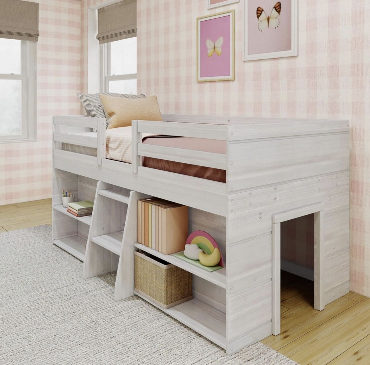 Max & Lily Modern Farmhouse Low Loft Bed, Twin Bed Frame for Kids with 2 Bookcases, White Wash