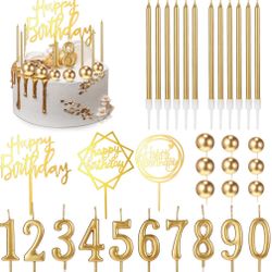 Yerliker 34 Pcs Happy Birthday Cake Toppers Decorations Birthday Candles DIY Cake Decor For Men Women Wedding Anniversary(Gold)