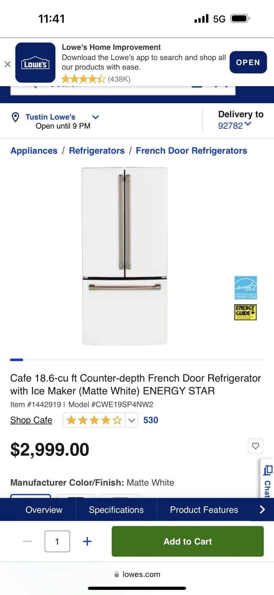 LIKE NEW !! GE CAFE WHITE COUNTER DEPTH FRENCH DOOR REFRIGERATOR WITH