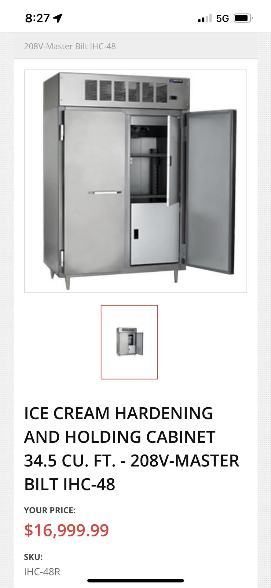 ICE CREAM HARDENING AND HOLDING CABINET 34.5 CU. FT. 208V MASTER BILT IHC 48