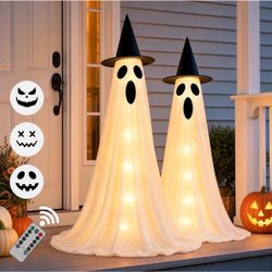 New 2‑Pack 63" Halloween Decorations Outdoor Indoor with Remote Control 8 Light Modes & Timer, 43‑63in Adjustable Height, 4 Sets DIY Ghost Faces, Wind
