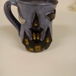 Rare Handmade Mudworks Coffee Mug Studio Pottery Halloween Haunted House Bat Moon Cup