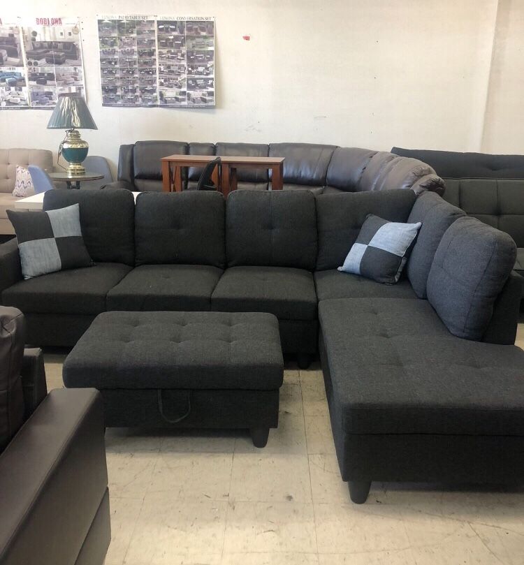 Charcoal Gray Sectional Sofa + Ottoman With Storage 104”x 75”x 34”H