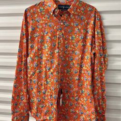 Lauren Ralph Lauren Button Down Shirt Orange Floral Plus Cotton