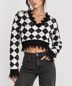 Just Polly New York Argyle Fringe Cropped Sweater Black White Womens M Y2K