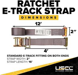 US Cargo Control E-Track Ratchet Straps, 2 Inch x 16 Foot Heavy Duty Gray E-Track Straps with 4 Foot Fixed End and Spring E-Fittings, 1,467 lbs