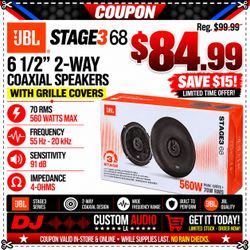 JBL Stage3 68 6.5" 2-Way Coaxial Car Audio Speakers Pair 68 with Grille 560 Watts 4-Ohm High Sensitivity Door Dashboard Factory Upgrade Stereo