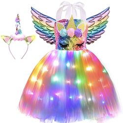 Girls Unicorn Costume LED Light Up Tutu Dress Up Birthday Gifts Princess Dress for Halloween Party  5-6 Year Old Girls 