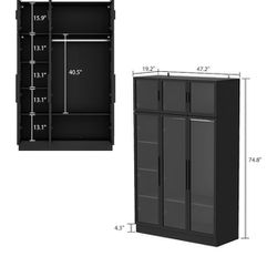 Contemporary 6-Door Wardrobe with Hanging Area and Open Shelves, Black Finish, Tempered Glass Doors, LED Light Belt