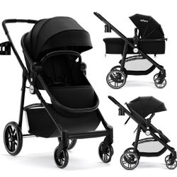 INFANS 2 in 1 Baby Stroller, High Landscape Infant Stroller & Reversible Bassinet Pram, Foldable Pushchair with Adjustable Canopy, Storage Basket