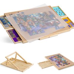 Tektalk Jigsaw Puzzle Table with Integrated Adjustable Stand/Bracket and Removable Cover, 3-Tilting-Angle Wooden Plateau Portable Puzzle Board with 4 