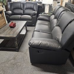 Brand New Black Bonded Leather Manual Reclining Sofa + Loveseat 2PCs Set