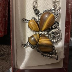 Tigers Eye  And Butterfly Pendant Necklace