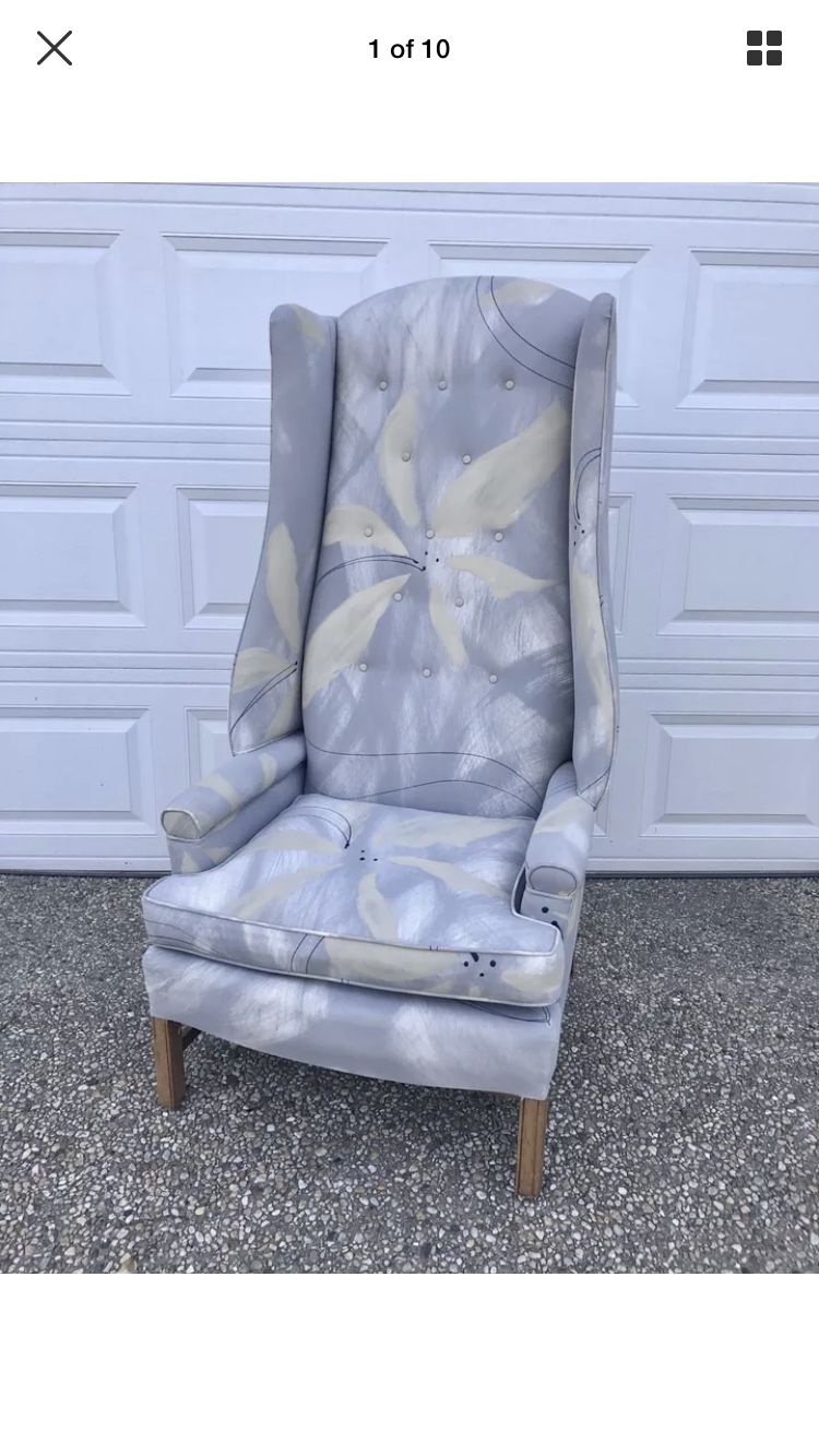 Vintage Directional high back Wing chair hand painted fabric mid century.