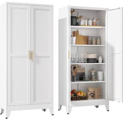 71''Metal Cabinet with 4 Adjustable Shelves,5-Tier Pantry Storage Cabinet,Kitchen Pantry Cabinet for Living Room,Dining Room, (MZ01WH02）