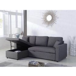 Gray Linen Fabric Sectional Sofa Pull Out Bed