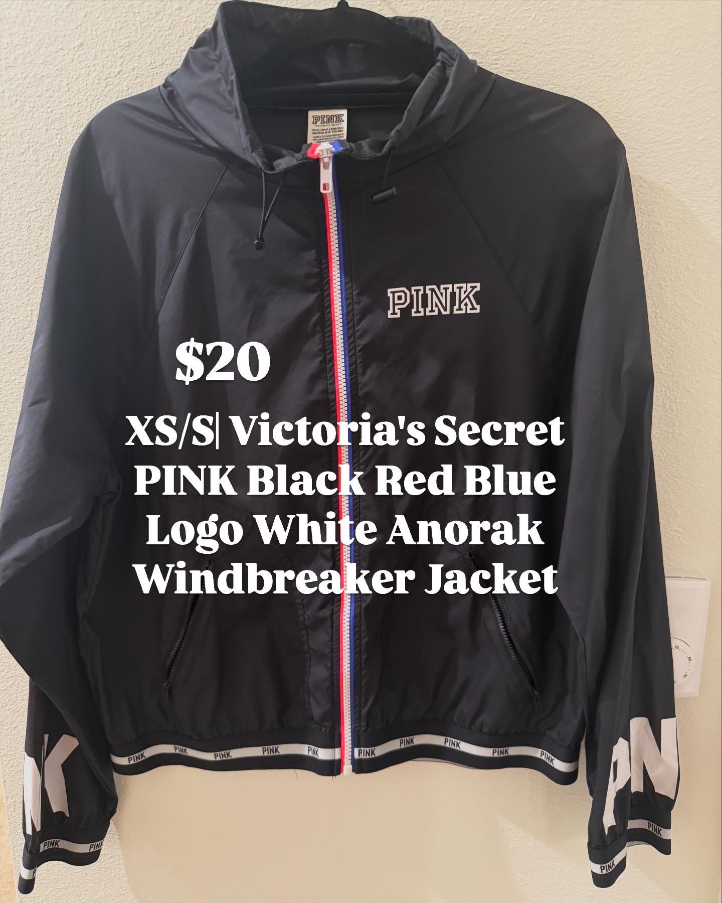 $20| XS/S| Victoria’s Secret PINK Black Red Blue Logo White Anorak Windbreaker Jacket
