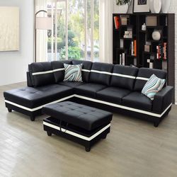New Black Leather Sectional Couch And Ottoman 